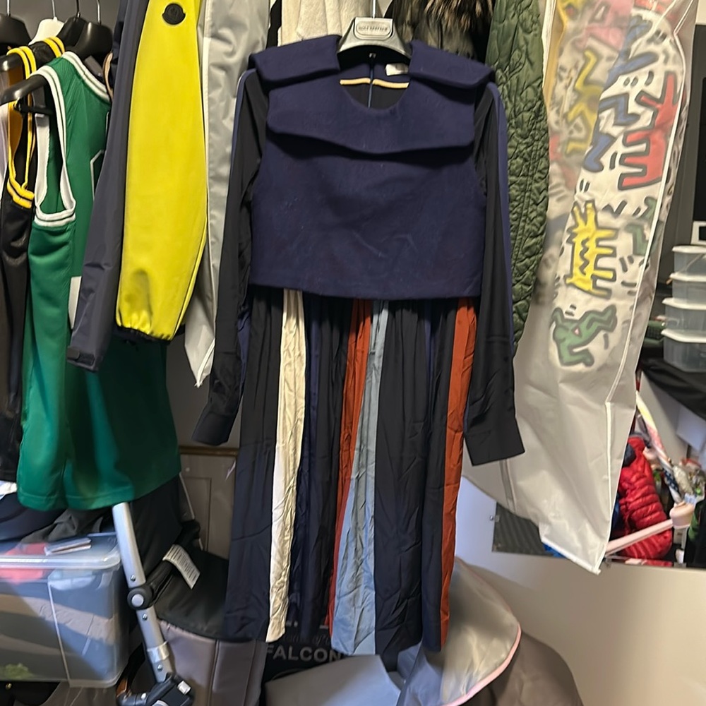 Chloé Color Strip Wool Silk Midi Dress w/ long Sleeves